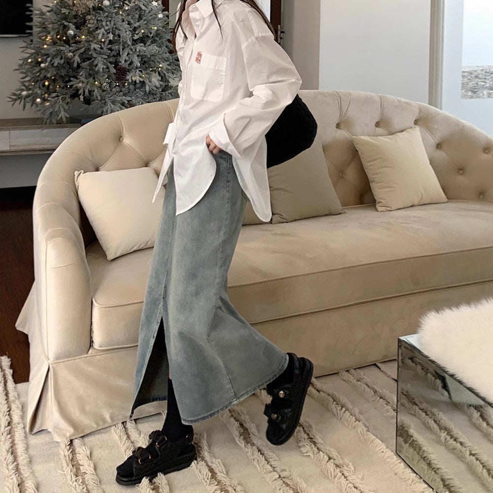 Damen Maxirock aus Denim mit seitlichem Schlitz und lässigem Schnitt EB