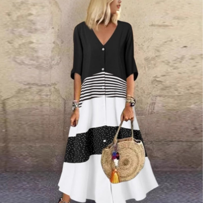 Damen Maxikleid mit Knopfverschluss und dekorativen Mustern EB