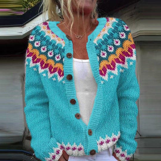 Damen nan gemusterte Strickjacke mit Rundpasse, Holzknöpfen und Eingrifftaschen EB