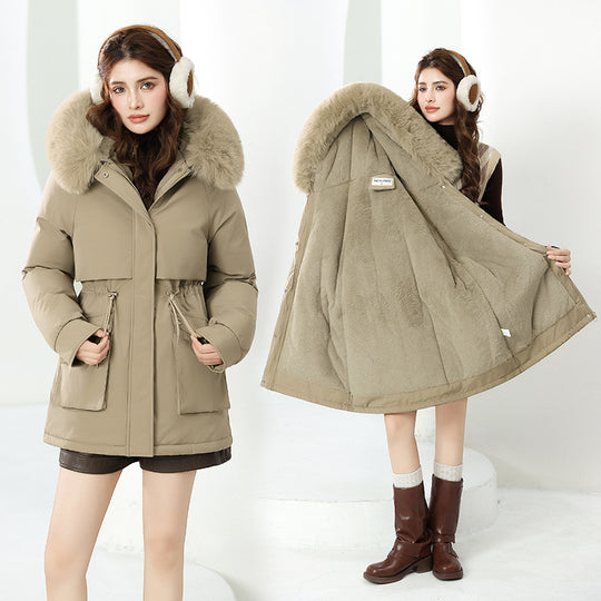 Damen Modische Winterjacke mit abnehmbarer Kapuze und hochwertigem Kunstfell EB