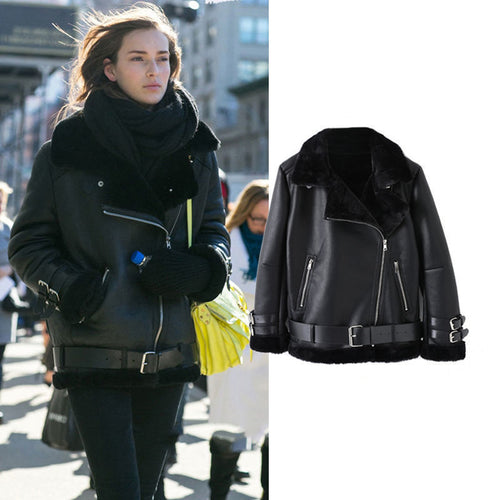 Damen Kunstlederjacke mit abnehmbarem Fellkragen und verstellbarem Gürtel EB