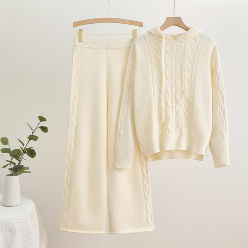 Damen lässiges Strick-Loungewear-Set mit Kapuze und breiten Beinen EB
