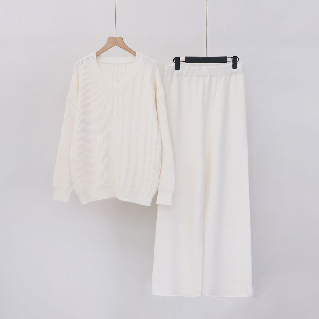 Damen Kuscheliges Strickensemble mit V-Ausschnitt und weitem Bein EB
