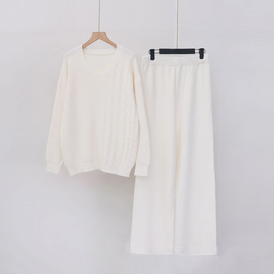Damen Kuscheliges Strickensemble mit V-Ausschnitt und weitem Bein EB
