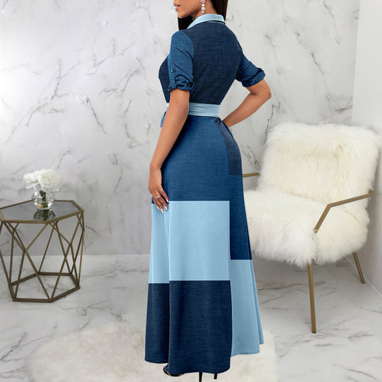 Damen Elegantes Knopfhemd-Maxikleid mit tailliertem Gürtel EB