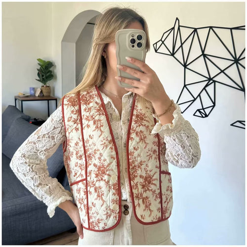 Damen gesteppte Weste mit floralem Muster und praktischen Taschen EB