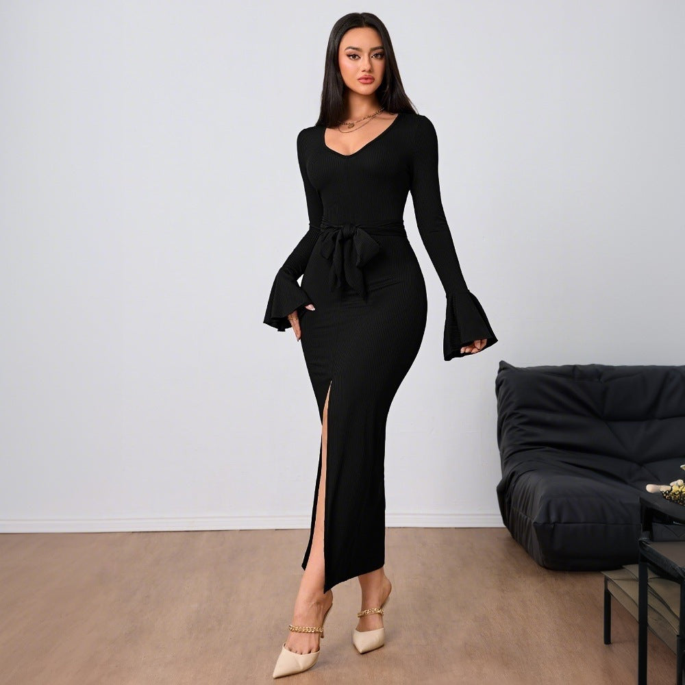 Damen figurbetontes Maxikleid mit V-Ausschnitt Trompetenärmeln Taillenband und hohem Seitenschlitz Eichborn Berlin