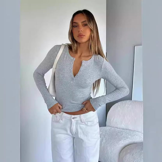 Damen Langarm Crop-Top mit eleganter V-Öffnung und figurbetontem Schnitt EB
