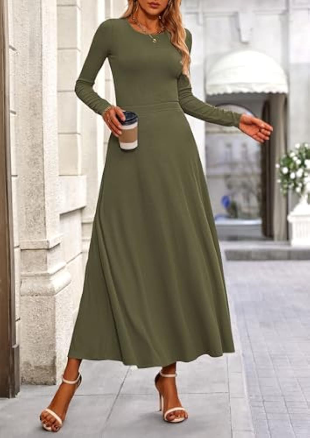 Damen Langärmeliges Maxikleid mit tailliertem Oberteil und fließendem A-Linien-Rock EB