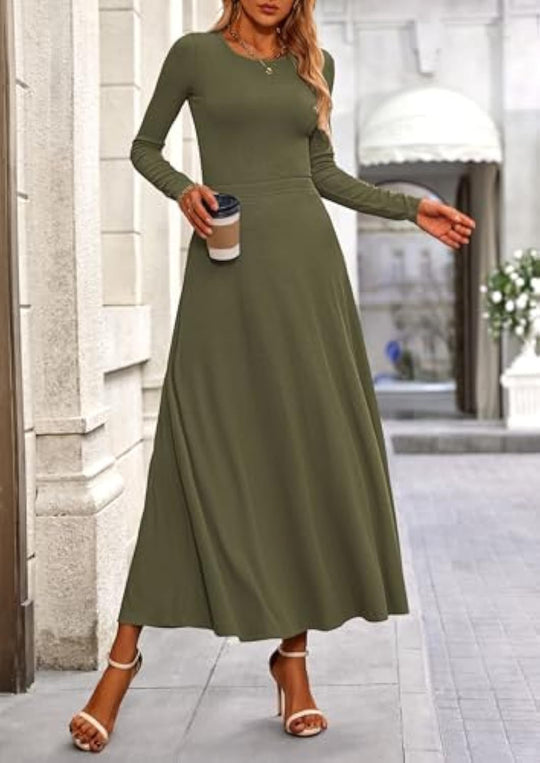 Damen Langärmeliges Maxikleid mit tailliertem Oberteil und fließendem A-Linien-Rock EB