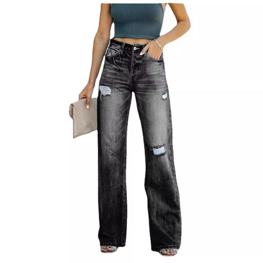 Damen Weit geschnittene Jeans mit Distressed-Effekten und hohem Bund EB