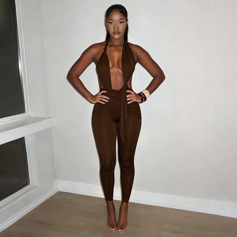 Damen Eleganter Jumpsuit mit tiefem V-Ausschnitt und figurformendem Design EB
