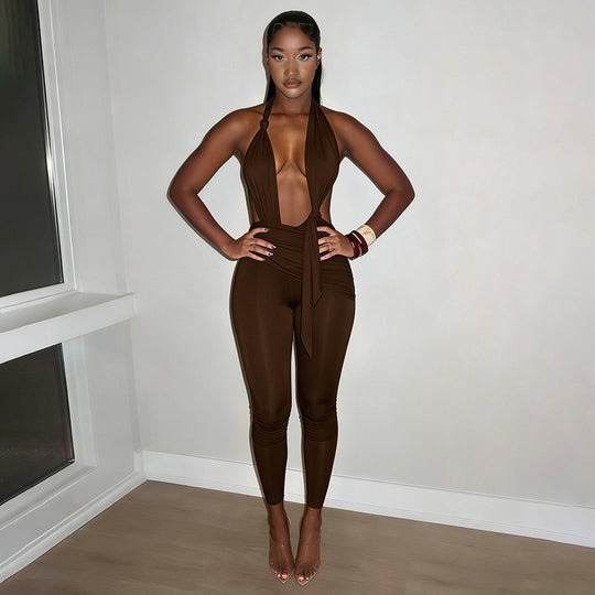Damen Eleganter Jumpsuit mit tiefem V-Ausschnitt und figurformendem Design EB