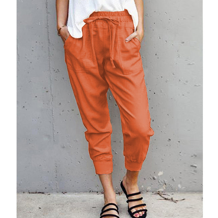Damen nan lässige tapered Leinenhose mit elastischem Bund und Bündchen EB