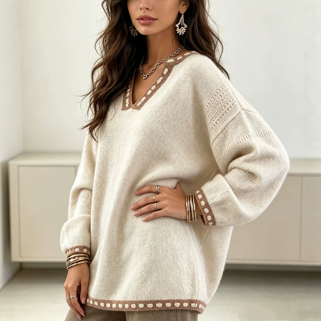 Damen Oversize V-Ausschnitt Strickpullover mit kontrastierender Punktbordüre und Ballonärmeln EB