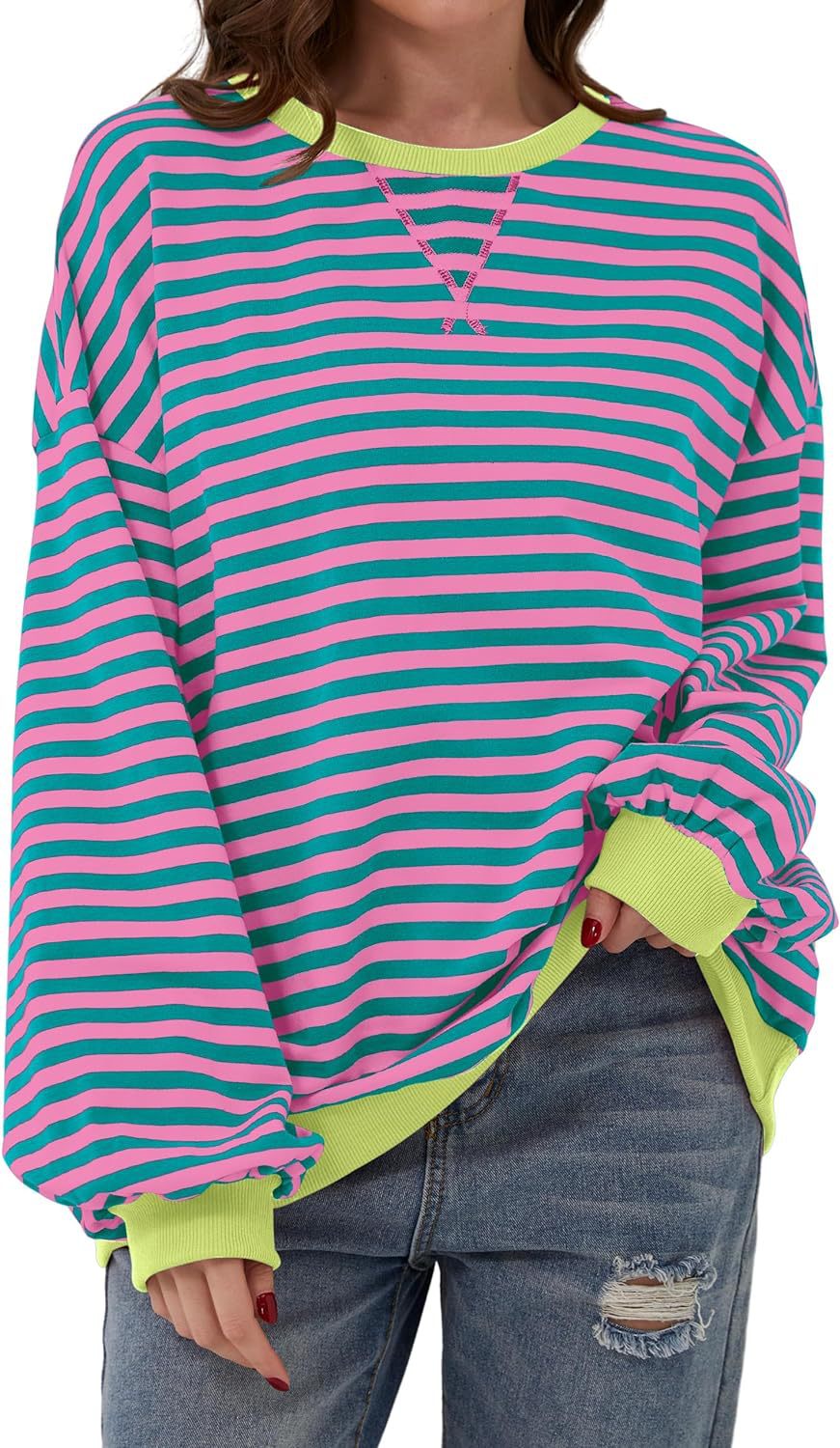 Damen lässiger Oversized Sweatshirt mit bunten Streifen und Kapuzenkordel EB