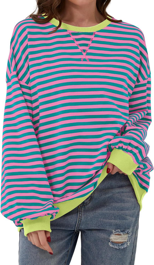 Damen Lässiger Sweatshirt mit bunten Streifen und weitem Schnitt EB