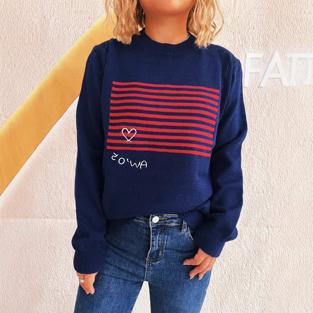 Damen lässiger Pullover mit gestreiftem Design und Herzapplikation EB