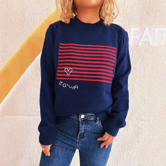 Damen lässiger Pullover mit gestreiftem Design und Herzapplikation EB