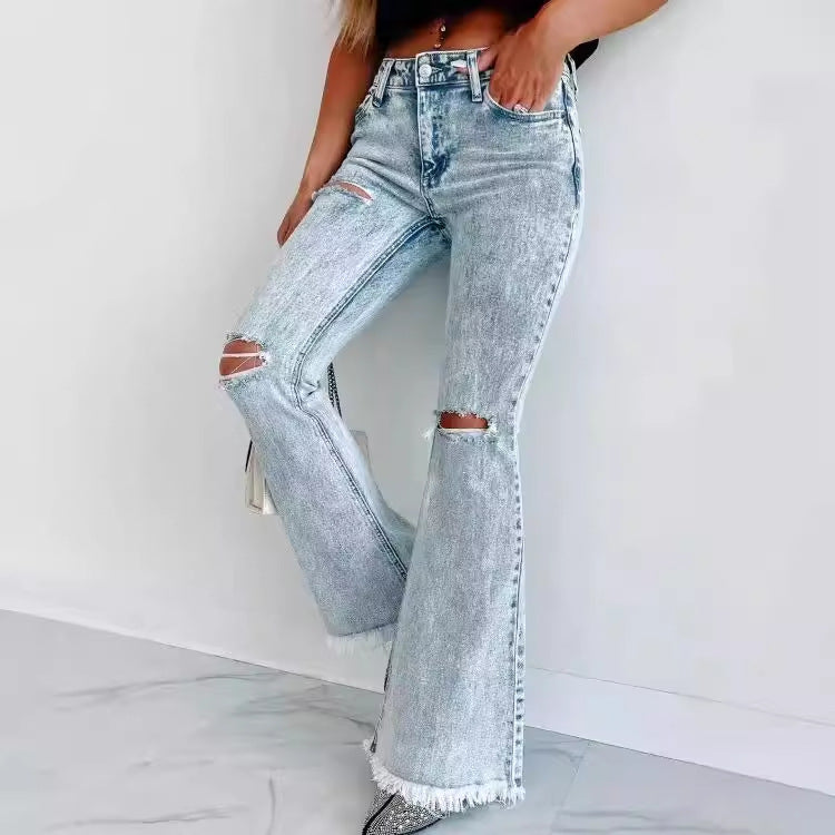 Damen Flared Jeans mit modischen Fransen und Rissen EB