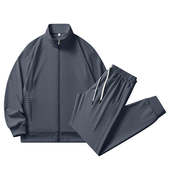 Herren sportlicher Stretch-Trainingsanzug mit Stehkragen, Reißverschlussjacke und tapered Jogginghose EB