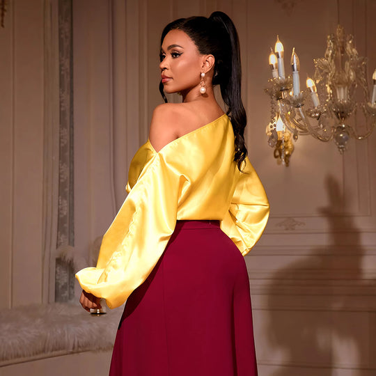 Damen elegantes asymmetrisches Oberteil mit voluminösen Puffärmeln EB