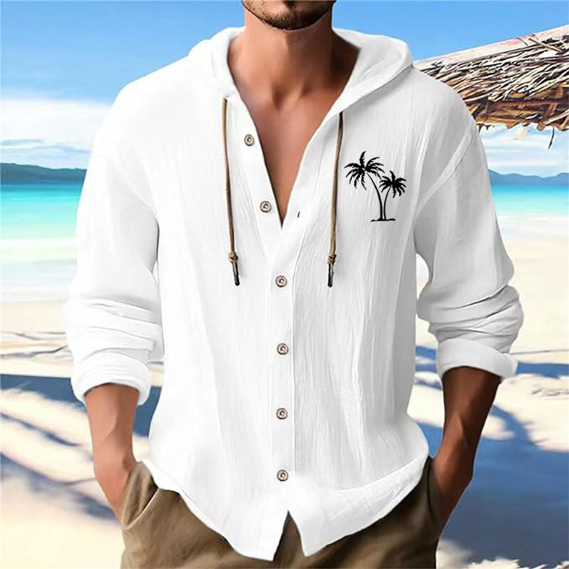 Herren lässiges Kapuzenshirt mit dekorativem Palmendruck und Knopfleiste EB