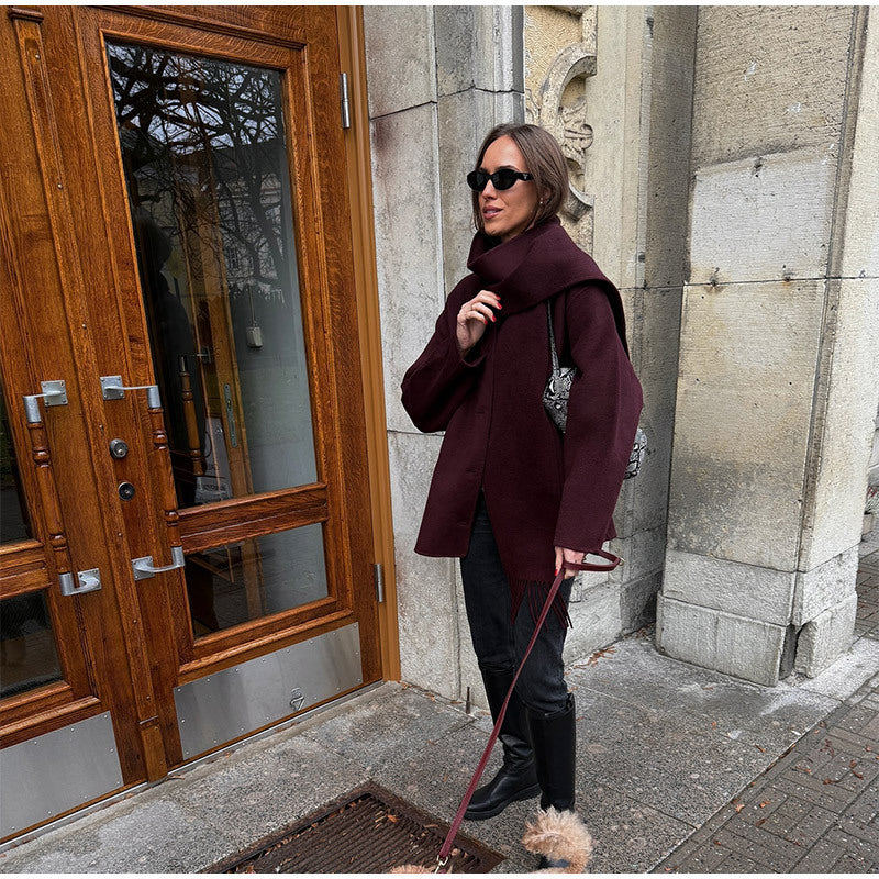 Damen lässige Oversized Jacke mit integriertem Schal EB