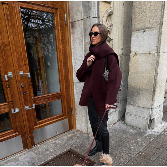 Damen lässige Oversized Jacke mit integriertem Schal EB