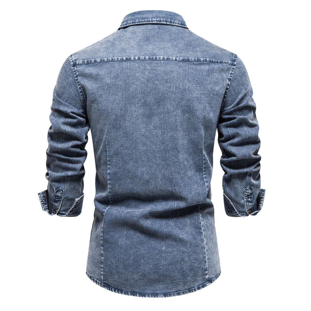 Herren Denim Hemdbluse mit zwei Brusttaschen und geschmackvollen Stickereien EB