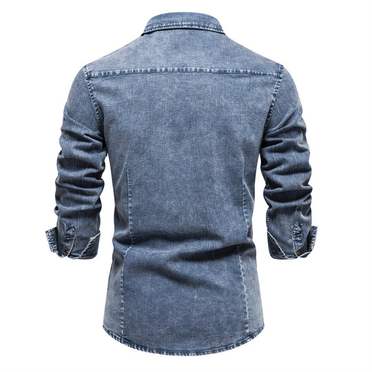 Herren Denim Hemdbluse mit zwei Brusttaschen und geschmackvollen Stickereien EB