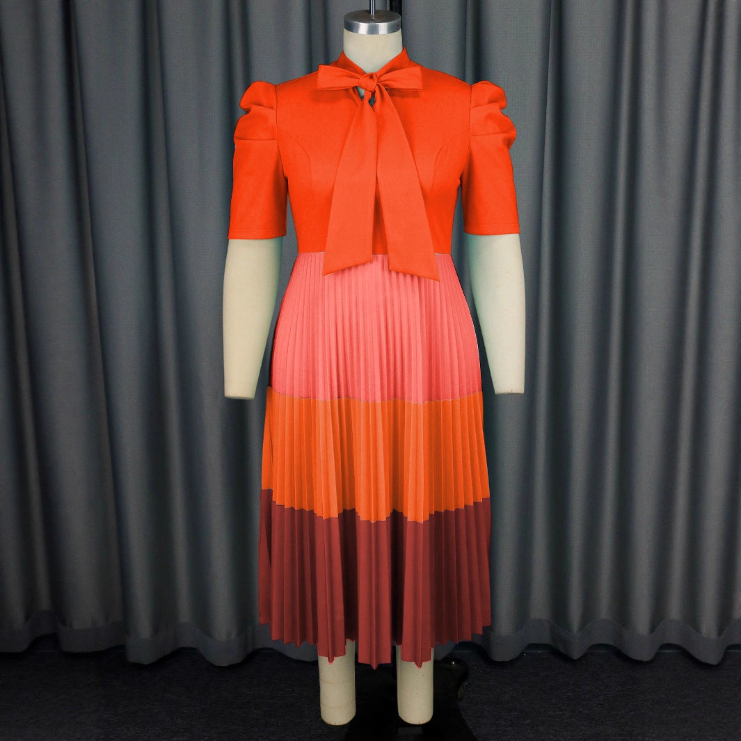Damen Elegantes Plisseekleid mit Schleifenkragen EB