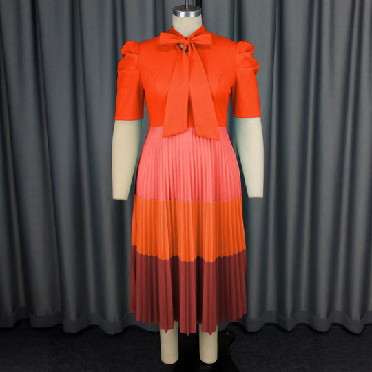 Damen Elegantes Plisseekleid mit Schleifenkragen EB