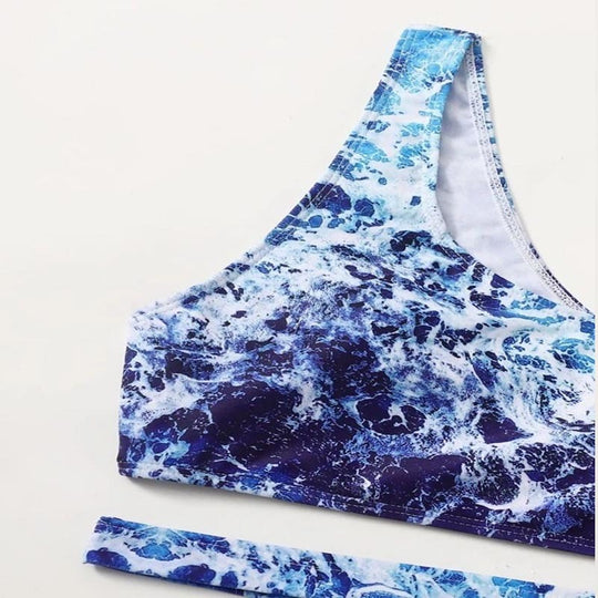 Damen Sport-Bikini mit asymmetrischem Schnitt und modischem Wasser-Motiv EB