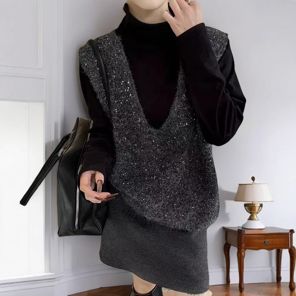 Damen Strickweste mit tiefem V-Ausschnitt und lockerem Schnitt EB