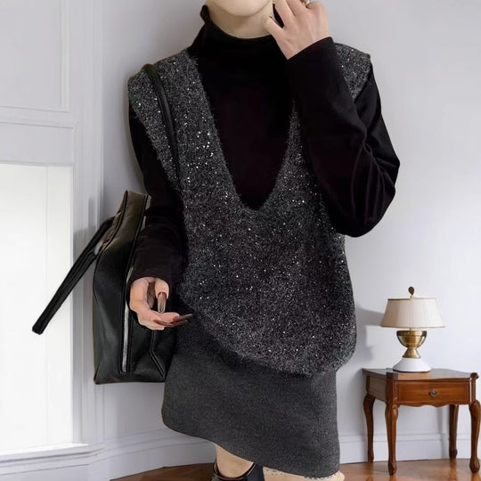 Damen Strickweste mit tiefem V-Ausschnitt und lockerem Schnitt EB