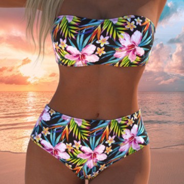 Damen Bandeau-Bikini-Set mit hochgeschnittenem Höschen und tropischem Blütenmuster EB