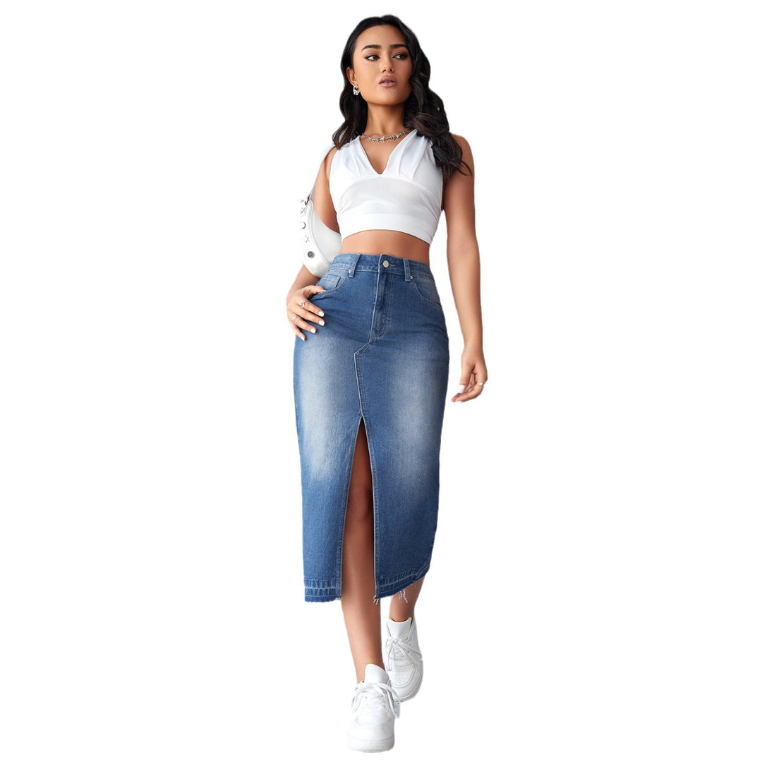 Damen Jeansrock mit hoch geschnittenem Schlitz und fransigem Saum EB