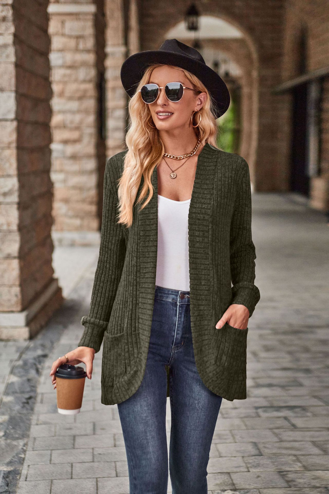 Damen nan langer gerippter Cardigan mit aufgesetzten Taschen und offener Front EB