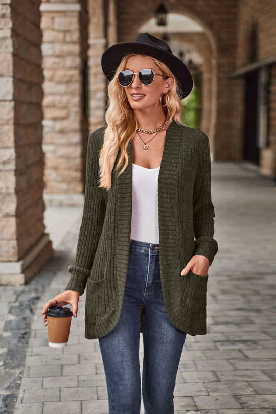 Damen nan langer gerippter Cardigan mit aufgesetzten Taschen und offener Front EB