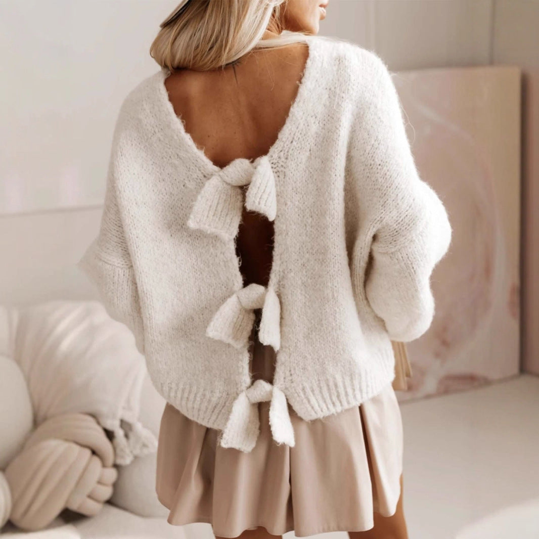 Damen lässiger Strickpullover mit tiefem Rückenausschnitt und Schleifendetails EB