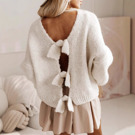 Damen lässiger Strickpullover mit tiefem Rückenausschnitt und Schleifendetails EB