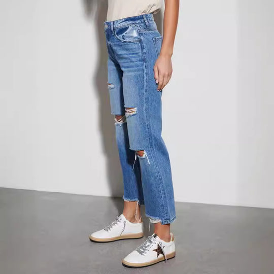 Damen Destroyed Jeans im modischen Bootcut-Stil EB