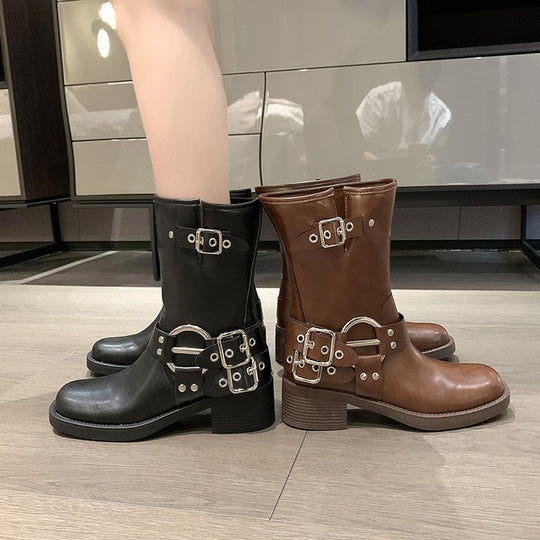 Damen Boots mit modischem Schnallen-Detail und robustem Blockabsatz EB