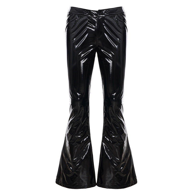 Damen nan hochglänzende Lackhose mit hoher Taille, figurbetonter Oberschenkelpassform und weitem Schlag EB