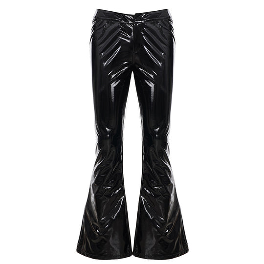 Damen nan hochglänzende Lackhose mit hoher Taille, figurbetonter Oberschenkelpassform und weitem Schlag EB