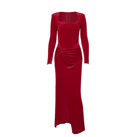 Damen elegantes langärmeliges Abendkleid mit hohem Schlitz und Rüschendetails EB