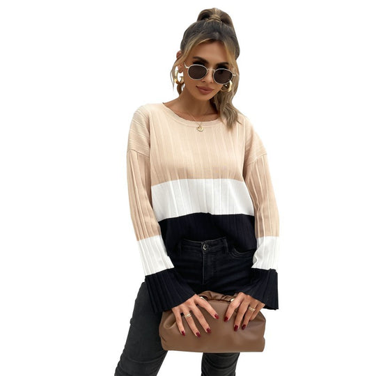 Damen Strickpullover mit modischem Blockstreifen-Design und weiten Ärmeln EB