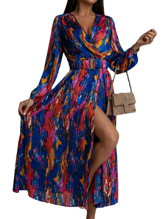 Damen lebhaft bedrucktes Maxikleid mit selbstbindendem Gürtel EB