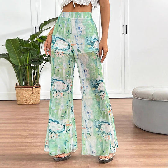 Damen weit geschnittene Transparente Blumenhose EB